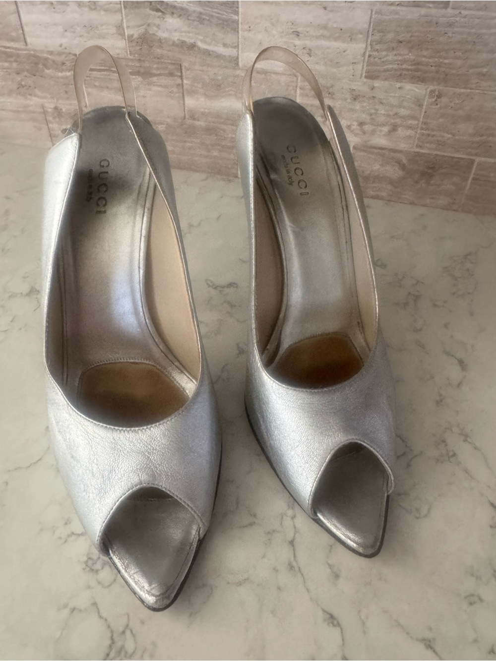 Gucci Metallic Silver Peep-Toe Slingback Heels